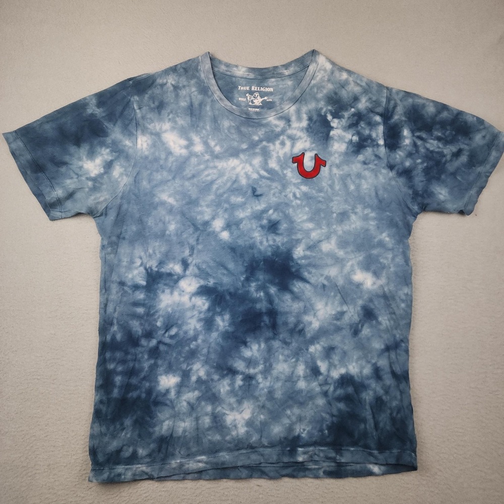 True Religion Shirt Mens Medium Blue Tie Dye Buddha Logo Crewneck Tee Music